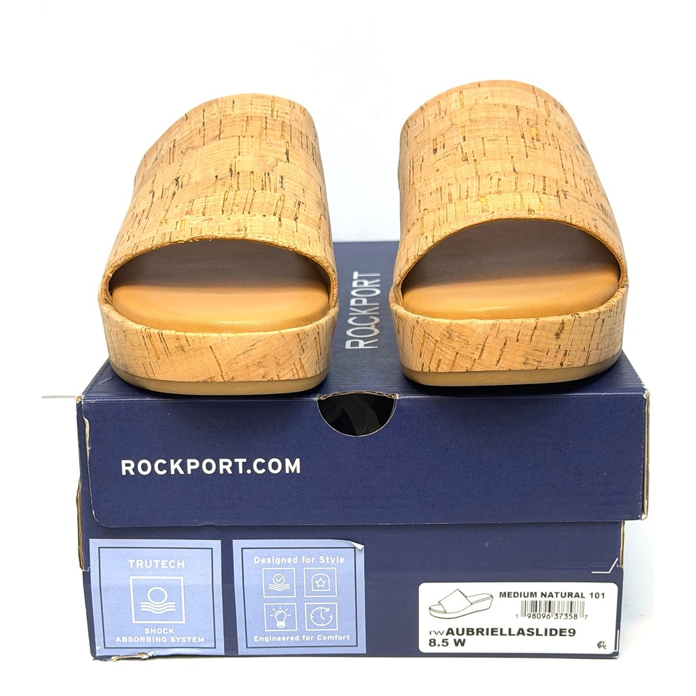 Rockport Women's Aubriella Slip-On Platform Wedge Sandals Natural Cork 8.5W NWT
